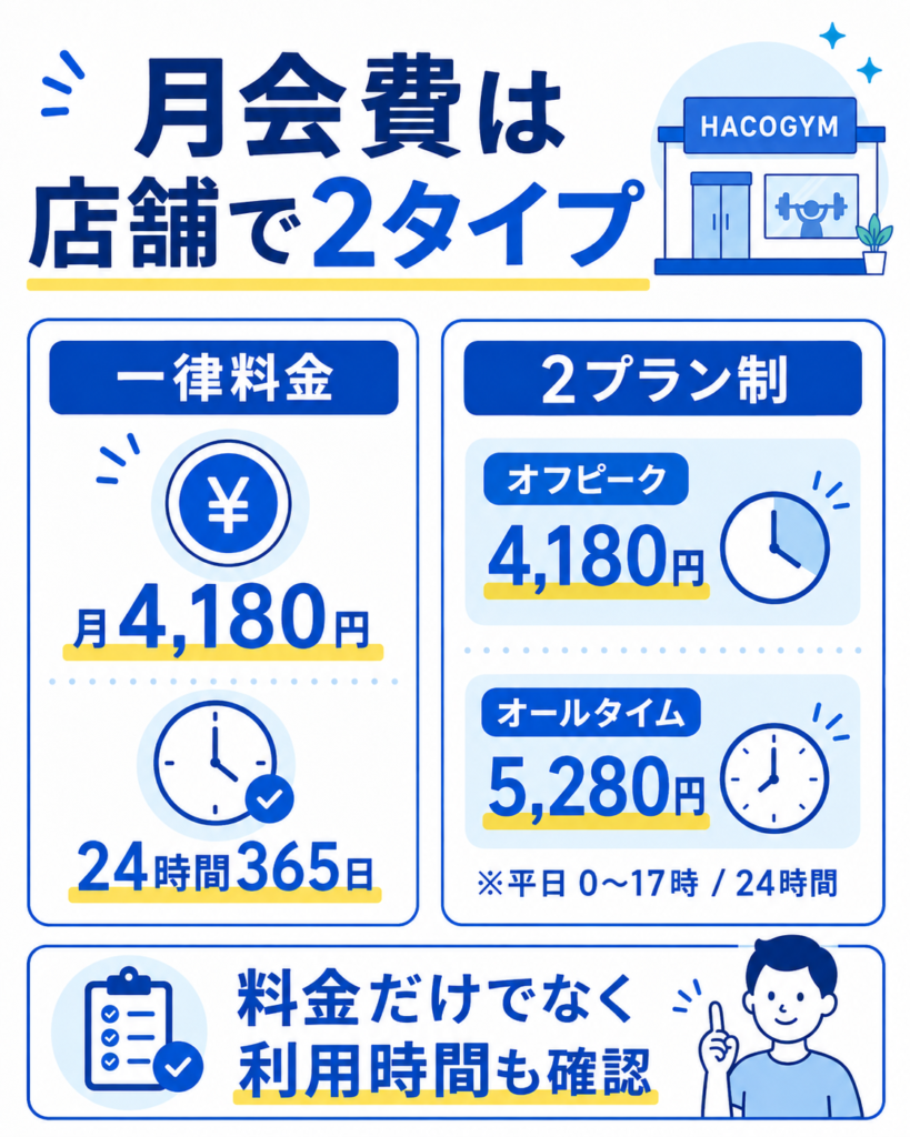 ハコジムの月会費は店舗で2タイプ