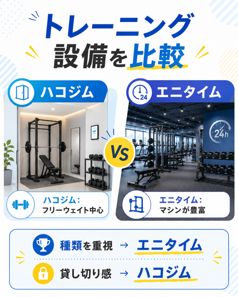 ハコジムとエニタイムのトレーニング設備を比較