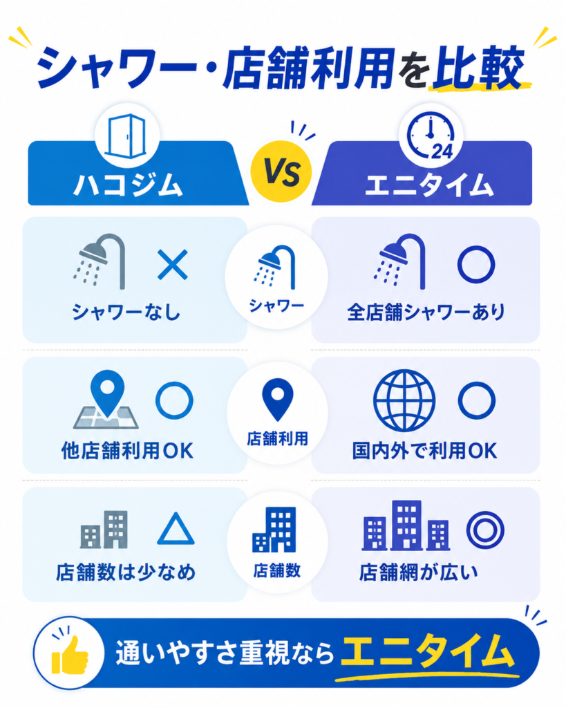 ハコジムとエニタイムのシャワーと店舗利用を比較