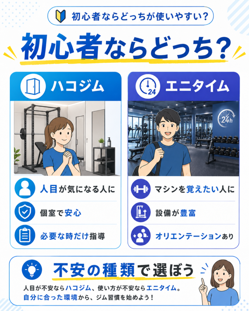 初心者はハコジムとエニタイムどちらが使いやすいか比較